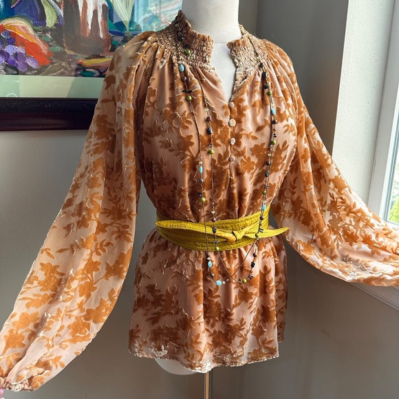 Cut Velvet Amber Colored Peasant Style Smock Top Blouse - S - Picture 3 of 10